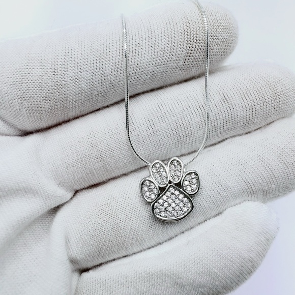 .925 Sterling Silver Cz Paw Print Necklace - Picture 4 of 16